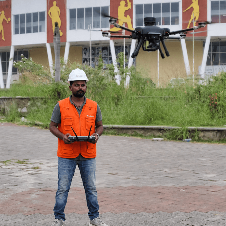 Drone in flight over mountains